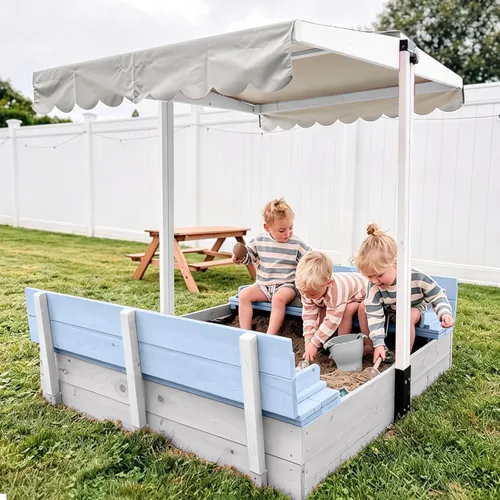 Miniatura 9 de GUTINNEEN Wooden Sandbox with 360° Adjustable Canopy, Outdoor Kids Sand Box with Foldable Benches, Sand Leak-Proof Liner, 47”Lx47”Wx52”H, Blue