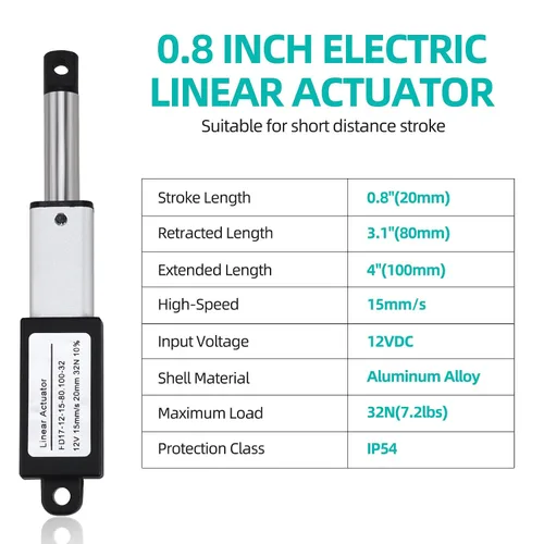 Miniatura 2 de 12V Mini Actuador Eléctrico Lineal 0.8" Carrera, 32N/7.2lbs, Velocidad 15mm/s, Actuadores de Movimiento Lineal con Soportes de Montaje
