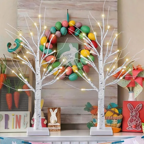 Miniatura 4 de Paquete de 2 árboles de abedul iluminados de 2 pies con temporizador para decoraciones navideñas de interior, árbol de abedul artificial con 48