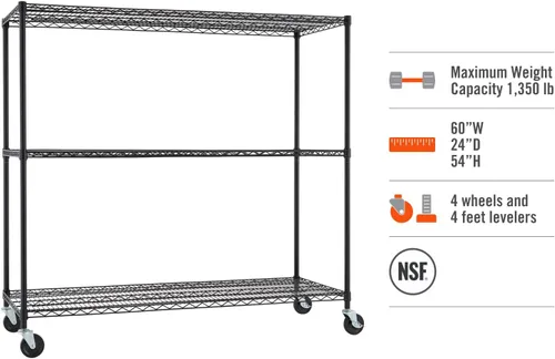 Miniatura 5 de Trinity Basics Estantería de alambre ajustable de 3 niveles con ruedas para organización de cocina, almacenamiento de garaje, cuarto de lavandería