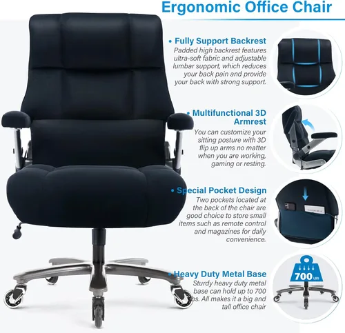 Miniatura 4 de Silla de oficina grande y alta, 700 libras, silla de escritorio ejecutiva con soporte lumbar ajustable, brazos abatibles 3D, ruedas silenciosas