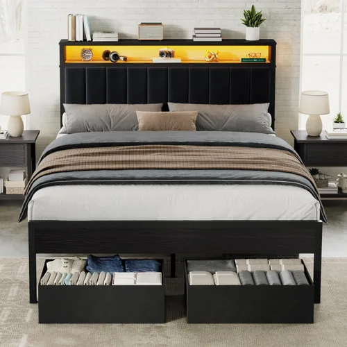 Miniatura 11 de AMERLIFE Base de cama individual con luz LED y 2 cajones de almacenamiento, plataforma de metal con cabecera de almacenamiento, tapizada