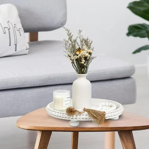 Miniatura 2 de Bandeja redonda de madera blanca de 12 pulgadas con guirnalda de cuentas de madera para decoración del hogar, bandeja decorativa para decoración