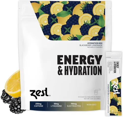 ZEST Paquetes de bebidas energéticas de hidratación y preentrenamiento, polvo de electrolitos limpios con 250 mg de cafeína, 14 barras de polvo