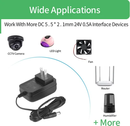 Miniatura 8 de [Certificado UL] Adaptador de fuente de alimentación de CA a CC 24V 0.5A 500mA, enchufe de 0.217 in x 0.083 in con certificación UL FCC