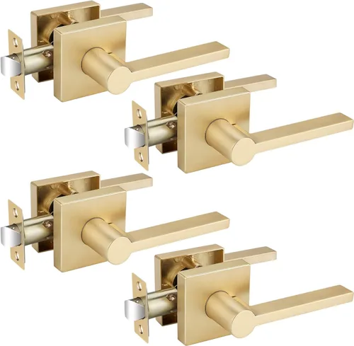 Miniatura 30 de EHOMEWARE Juego de manijas de puerta delantera doradas, palanca de puerta cuadrada resistente de latón y cerrojo de un solo cilindro reversible