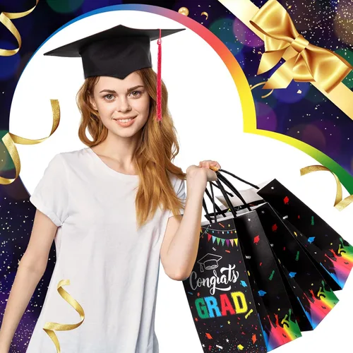 Miniatura 4 de TaoBary 24 bolsas de regalo de graduación de arcoíris negro 2026, bolsas de felicitaciones de graduación, recuerdos de fiesta con asas, regalos