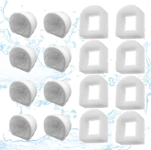 Paquete de 16 filtros de repuesto para fuente de mascotas, 8 filtros de carbono y 8 prefiltros de espuma de repuesto compatibles con múltiples