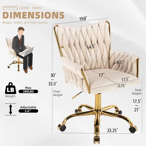 Miniatura 3 de Westice Silla de Escritorio de Terciopelo, Silla Cómoda Dorada para Oficina en Casa con Respaldo Tejido a Mano, Silla Giratoria de Altura Ajustable