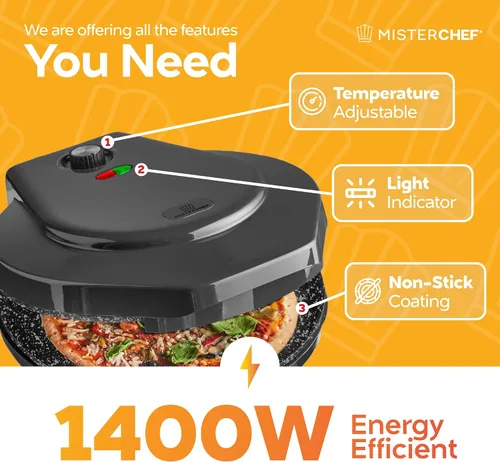 Miniatura 5 de MisterChef Máquina de pizza para encimera, mini horno de pizza de 1450 W, horno para hacer pizza con placa de cerámica antiadherente de 12 pulgadas