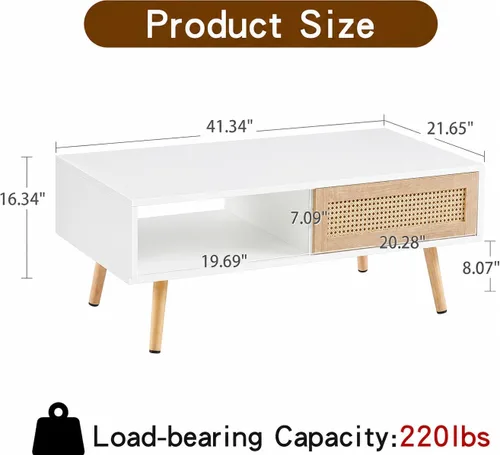 Miniatura 2 de IANIYA Mesa de centro con almacenamiento oculto, mesa central rectangular de 41.3 pulgadas con puerta tejida de ratán y patas de madera maciza