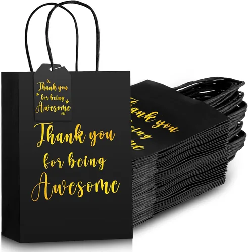 Fulmoon 48 bolsas pequeñas de regalo de agradecimiento con asas de 8.27 x 3.15 x 5.9 pulgadas, bolsas de papel kraft con 50 etiquetas de
