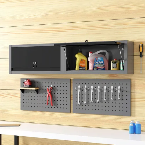 Miniatura 2 de JZD Pequeño Gabinete de Pared de Metal para Almacenamiento de Garaje con Puerta Abatible, Negro y Gris