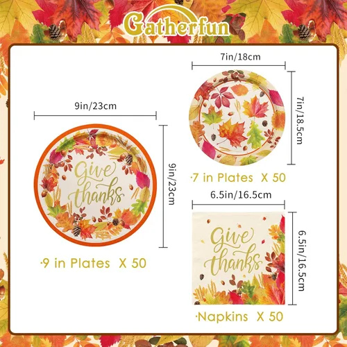 Miniatura 2 de Kit de suministros para fiesta temática de otoño y Acción de Gracias, para servir a 50 personas, vajilla desechable de cosecha de otoño incluye