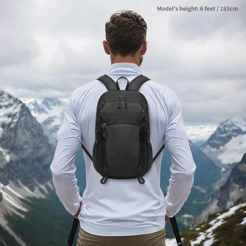 Miniatura 7 de Mochila de senderismo plegable, mochila de camping resistente al agua, ligera de poliéster para hombres, mujeres, viajes al aire libre Negro