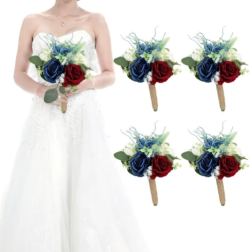 Miniatura 20 de Juego de 4 ramos para dama de honor para boda - Ramos de flores artificiales de 7 pulgadas para decoración de centros de mesa de ceremonia y Azul