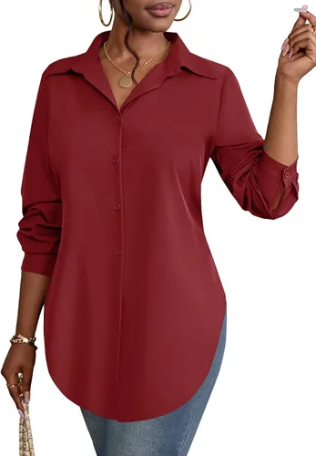 Miniatura 34 de Rooscier Blusa larga con cuello en V para mujer, manga larga, abertura lateral, con botones
