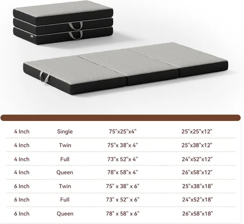 Miniatura 5 de ROXGOX Colchón Plegable Triple de Espuma Viscoelástica, Cama de Piso Portátil Individual de 4 Pulgadas, Colchoneta Plegable con Funda Lavable, Asa