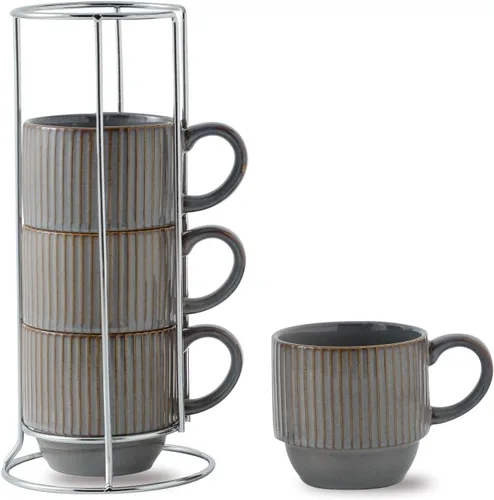Miniatura 11 de Hasense Juego de tazas de café, juego de 4 tazas de té apilables con soporte - Juego de tazas grandes de cerámica acanaladas de 15 onzas para latte