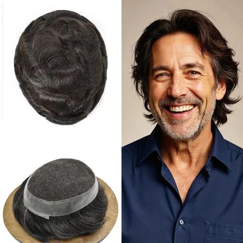 Miniatura 128 de Toupee para hombres Sistema de reemplazo de cabello humano real pieza de cabello humano para hombres encaje suizo para hombre Toupee Hair Pieces