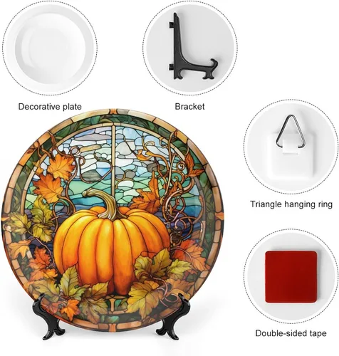 Miniatura 3 de Platos decorativos de calabaza de otoño con diseño de vitrales, platos de cerámica para decoración del hogar, exhibición de platos llanos para sala