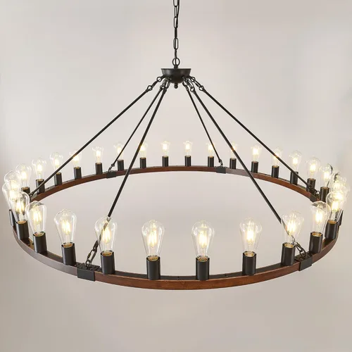 Miniatura 10 de Candelabro de Rueda de Vagón de Madera de 15 Luces, Candelabro de Granja Rústico Vintage con Bombillas E26, 32" Candelabro Industrial