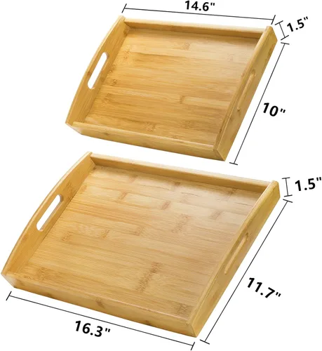 Miniatura 2 de Peohud Paquete de 4 bandejas de bambú para servir con asas, bandeja rectangular de comida de cocina para comer, bandejas de cena para comer