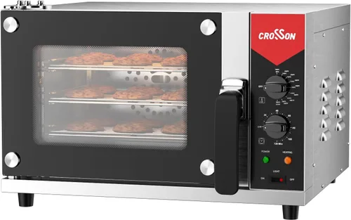 CROSSON Horno de convección de tamaño cuarto de 23L, horno tostador comercial de 3 niveles con puerta de vidrio frontal, 3 juegos de rejillas de