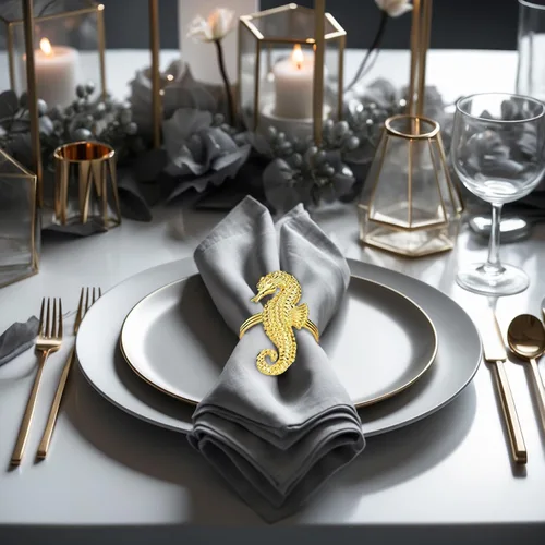 Miniatura 2 de Decozen Juego de 4 servilleteros dorados con diseño de caballo de mar, festivo, decoración de mesa para vacaciones, bodas, cumpleaños, cocina