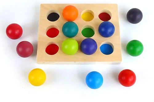 Miniatura 3 de Pelotas de madera arcoíris con bandeja, 12 piezas de clasificación y juego educativo Montessori juguete para niños pequeños, bolas más grandes