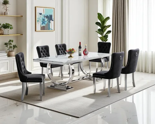 Miniatura 70 de Moderno juego de mesa de comedor de mármol sintético de 68.11 pulgadas para 6, mesa de comedor de mármol blanco y plateado con 6 sillas de Blanco