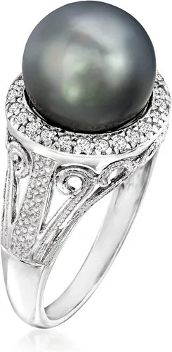 Miniatura 3 de Ross-Simons 11-12mm Black Cultured Tahitian Pearl Ring With .20 ct. t.w. White Topaz in Sterling Silver