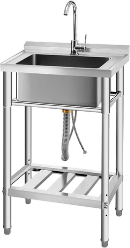 YORKING Fregadero de acero inoxidable, fregadero de cocina de un solo tazón con tubo de agua fría y caliente para lavandería, granja, interior y