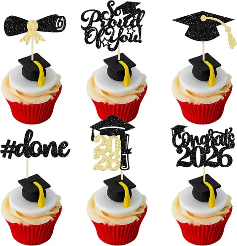 Miniatura 18 de Gyufise 24 piezas Adornos para pastel de graduación 2026 con purpurina negra, clase de 2026, adornos para magdalenas con gorra de graduación