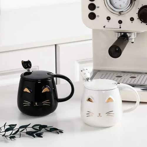 Miniatura 5 de Yuwu Taza de café con diseño de gato, regalo para los amantes de los gatos, taza de cerámica, taza novedosa con tapa y cuchara de acero inoxidable