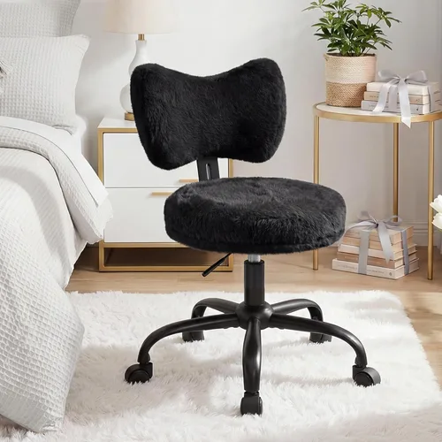 Miniatura 7 de Homkdom Silla de tocador con ruedas, bonita silla de escritorio con respaldo de lazo, silla de oficina pequeña de piel de conejo sintética esponjosa