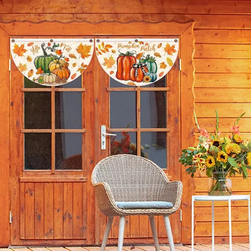 Miniatura 3 de Cumule Paquete de 4 banderas de ventilador de Hello Fall con parche de calabaza, banderines de bienvenida, otoño, cosecha, medio abanico, bandera