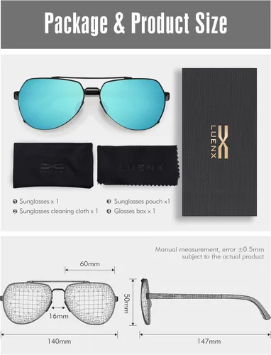 Miniatura 6 de LUENX Lentes de sol de aviador para hombres y mujeres, polarizados, marco de metal grande, protección UV 400