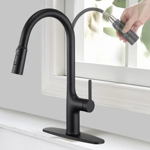 Miniatura 9 de Grifos de cocina, grifo de cocina negro y dorado con rociador extraíble, grifo de fregadero de cocina de acero inoxidable de arco alto, grifo