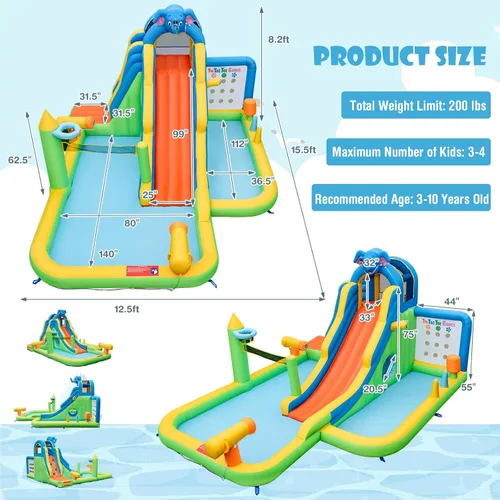 Miniatura 8 de HONEY JOY Tobogán acuático inflable, tobogán acuático de elefante 9 en 1 para patio trasero de niños, piscina de chapoteo, punta de tac, pared