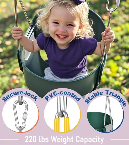 Miniatura 3 de little dove Cubo completo de respaldo alto, columpio para niños pequeños con cadenas revestidas y protección triangular de inmersión para mayor Verde