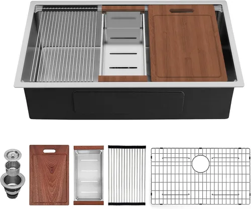 Miniatura 11 de Fregadero de cocina moderno con estación de trabajo de calibre 18 de 30 pulgadas, fregadero de cocina R10 de acero inoxidable de radio ajustado