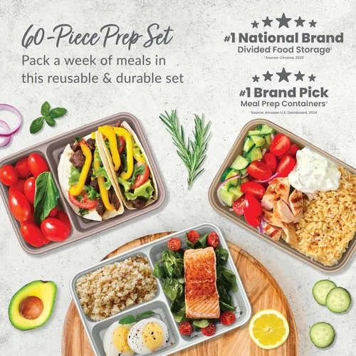 Miniatura 2 de Bentgo Prep Kit de preparación de comidas de 60 piezas, recipientes de alimentos reutilizables PFAS y sin BPA, 1 compartimento, 2 compartimentos y 3