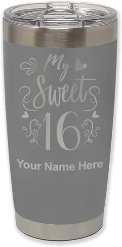 LaserGram Taza aislada al vacío de 20 onzas, My Sweet 16, grabado personalizado incluido (gris)