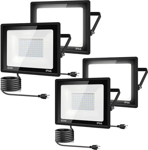 Paquete de 4 Luces LED de Inundación para Exteriores, Luz de Trabajo LED de 50W 5500lm con Enchufe de EE.UU. de 6FT, Luces de Seguridad Exteriores