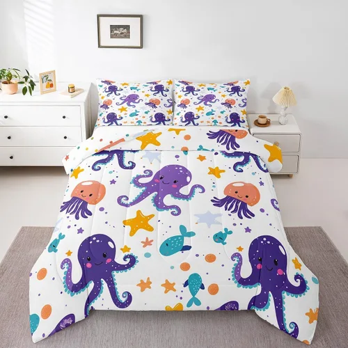 Miniatura 8 de Octopus - Juego de edredón para niños, tamaño matrimonial, nubes oscuras, olas del océano, juego de ropa de cama retro trippy decoración de Rojo