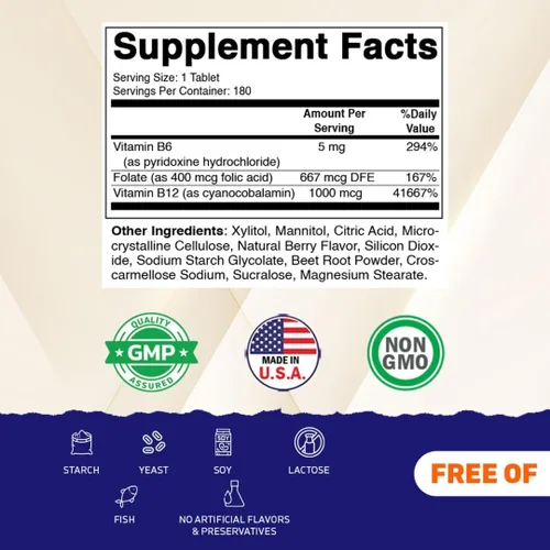 Miniatura 2 de Vitamatic Ácido fólico, vitamina B12 y B6 – 180 tabletas de disolución rápida Salud del corazón, producción de energía y apoyo de glóbulos rojos