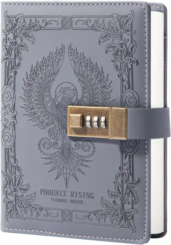 TIEFOSSI Phoenix Cuaderno Diario con Cerradura, Diario de Cuero Vintage con Cerradura, B6 de Viaje con Papel Rayado Rellenable para Escritura, Negro1