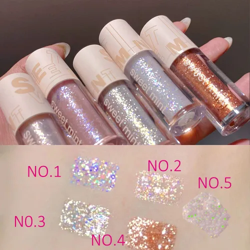 Miniatura 2 de Aolailiya Juego de 5 sombras de ojos con purpurina líquida, brillo metálico brillante de alta pigmentación, maquillaje de cristales coreanos, secado