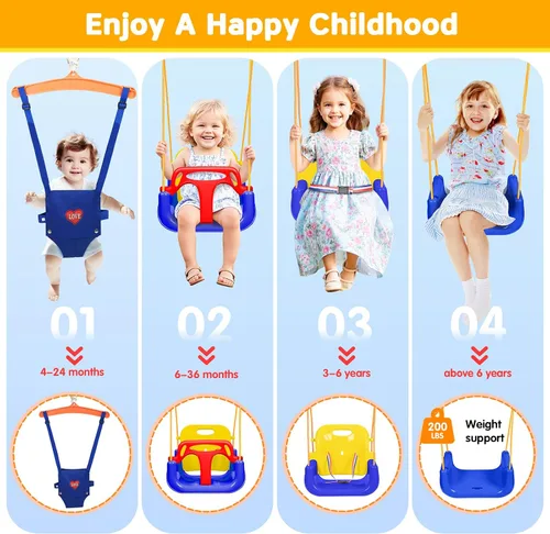 Miniatura 5 de Juego de columpio 4 en 1 para niños pequeños y jersey para bebé, columpio resistente para niños con rebotador, soporte plegable de metal